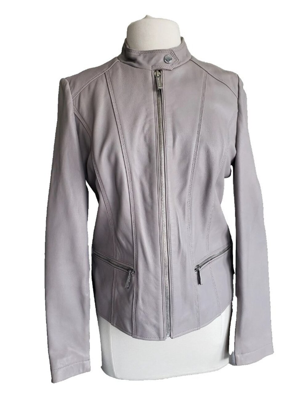 Michael Kors Leather Full Zip Biker Moto Jacket In Pearl Gray